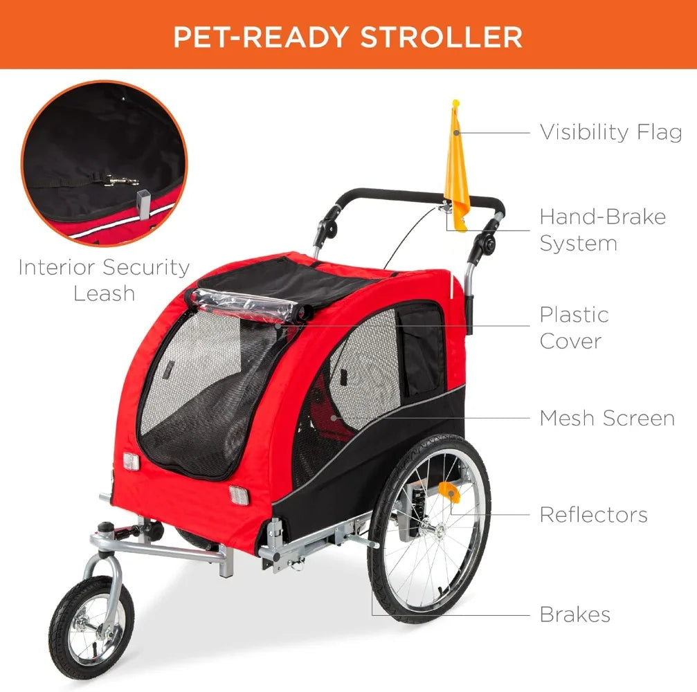 2 in 1 Dog Bike Trailer Pet Stroller Carrier with Hitch Suspension Visibility Flag and Reflectors 66 Pound Weight Capacity