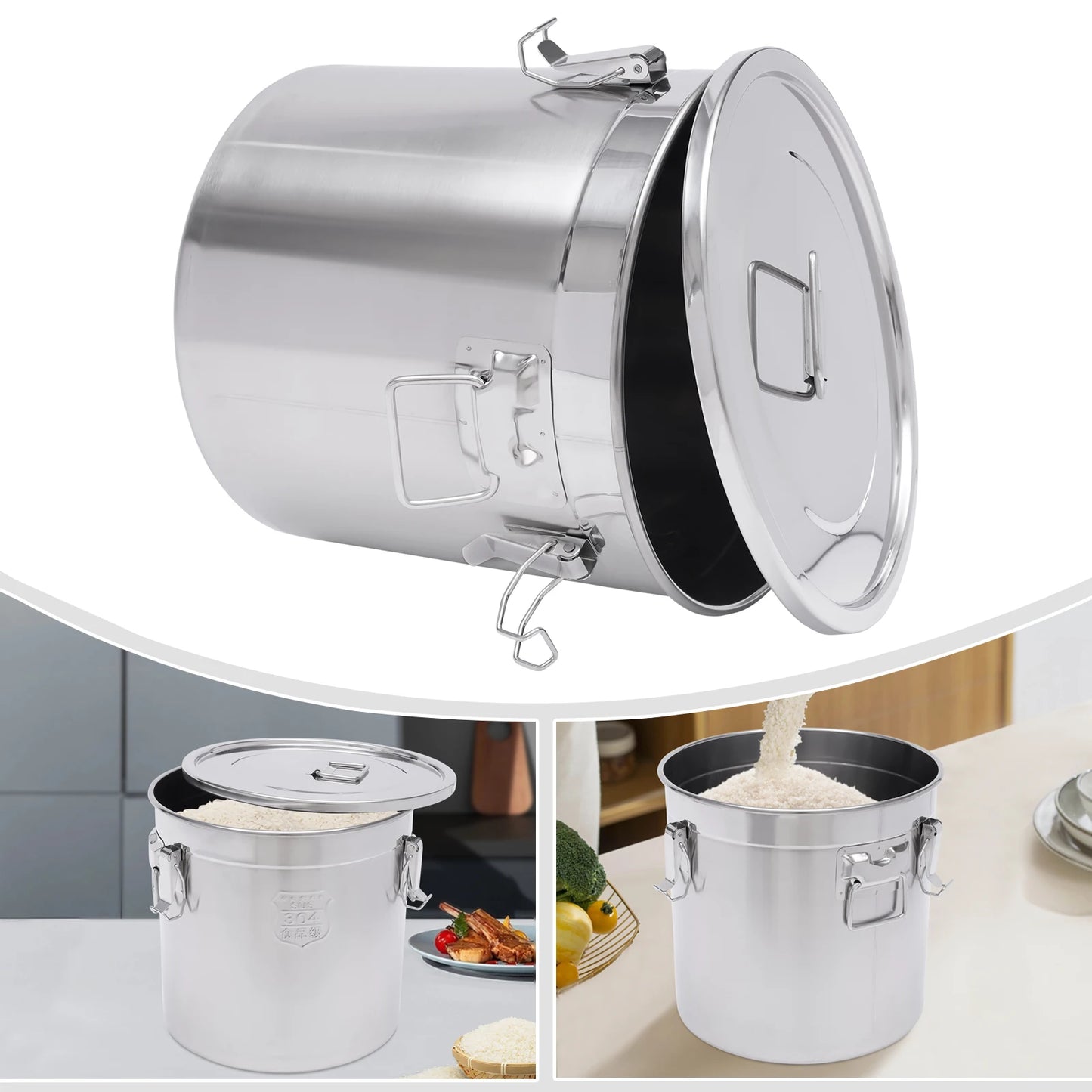 Bymaocar 33L Stainless Steel Airtight Canister Kitchen Storage Bucket Dry Food Container