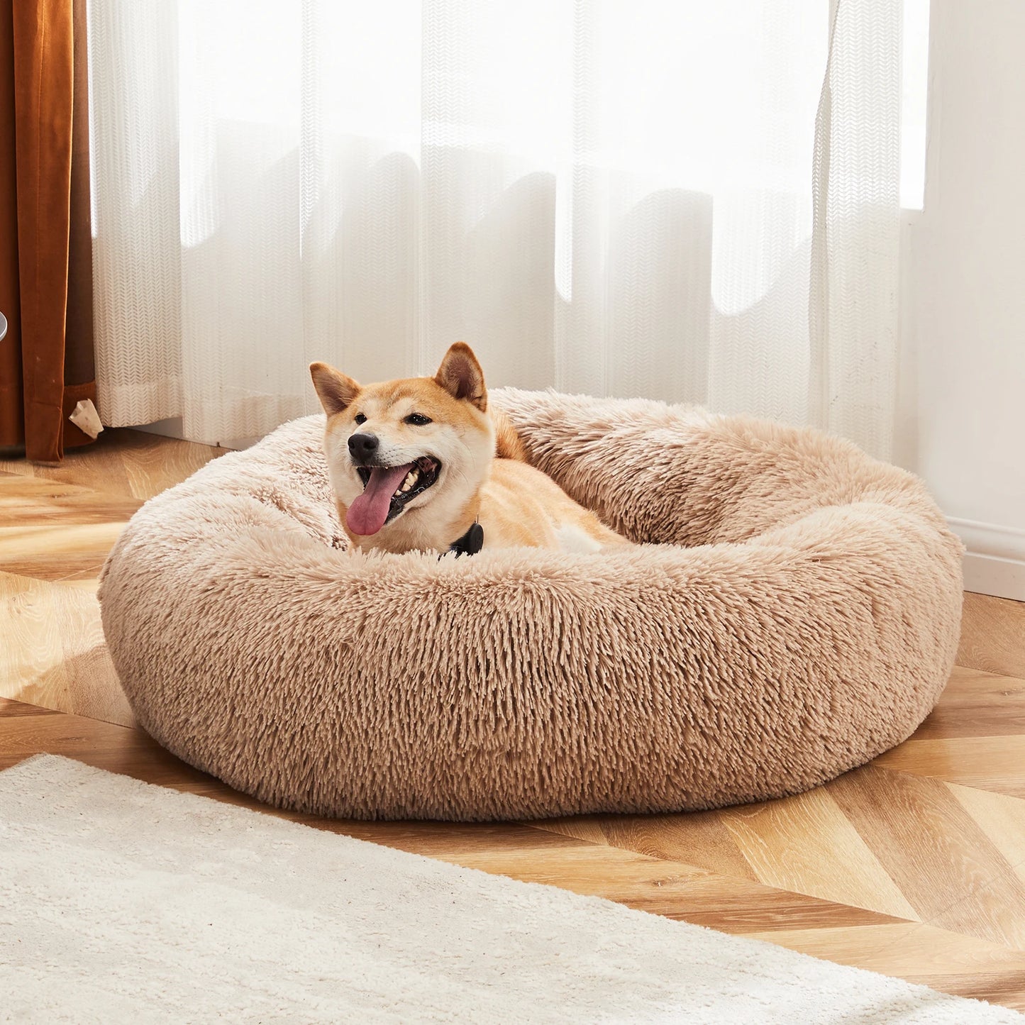 Calming Round Dog Bed For Large Dogs Washable Anti Slip Plush Faux Fur