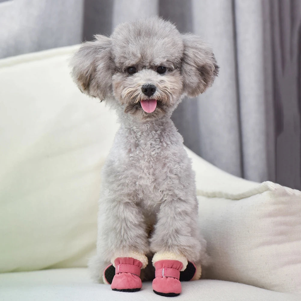 4 Pcs Dog Snow Boots Warm Plush Shoes Non Slip Soles For Small Medium Dogs Cats