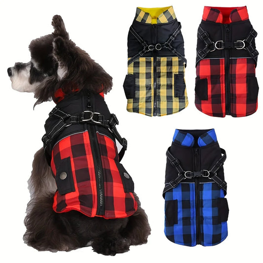 Plaid Thickened Padded Dog Coat With Harness Winter Windproof Jacket