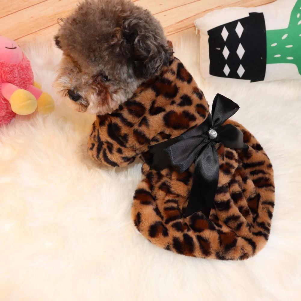 Autumn Winter Leopard Print Plush Dog Coat For Small Dogs With Bowknot