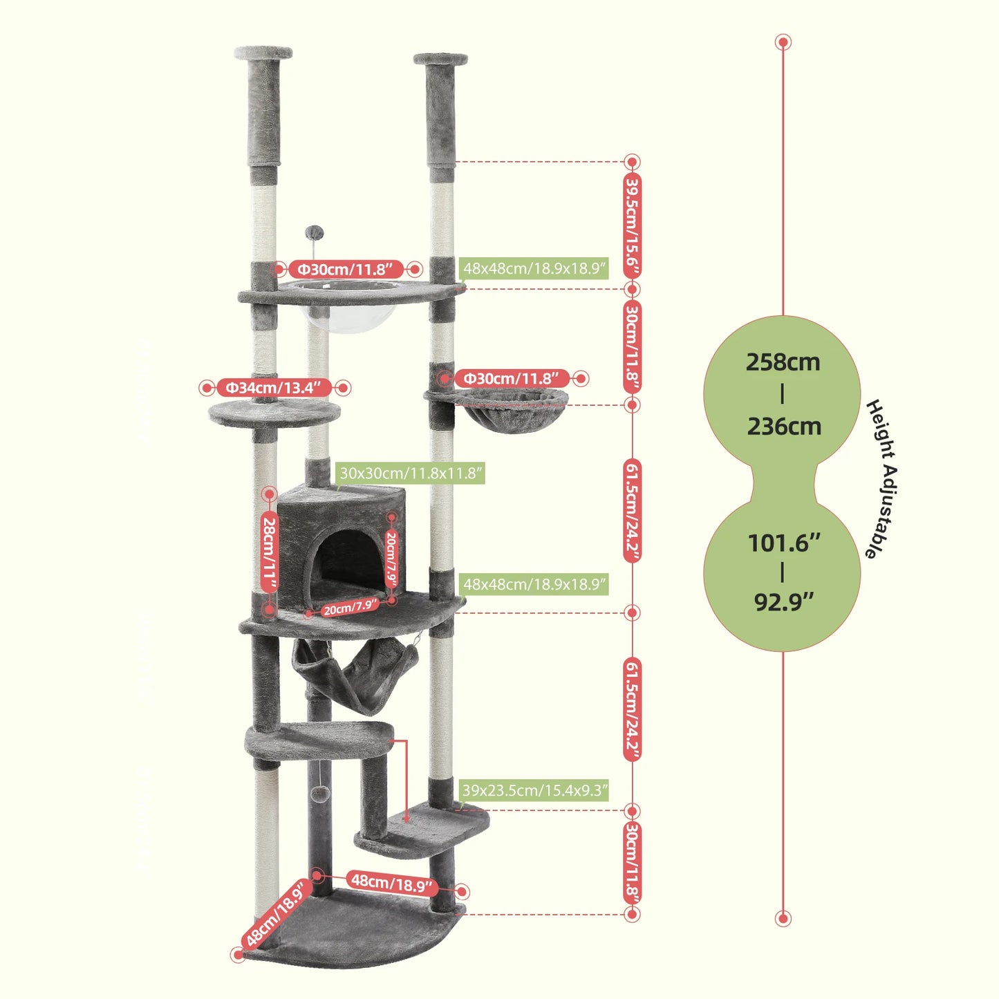 Floor to Ceiling Cat Tree with Sisal Scratching Posts Cozy Condo Hammock Adjustable Height Tall Cat Tower for Indoor Cats