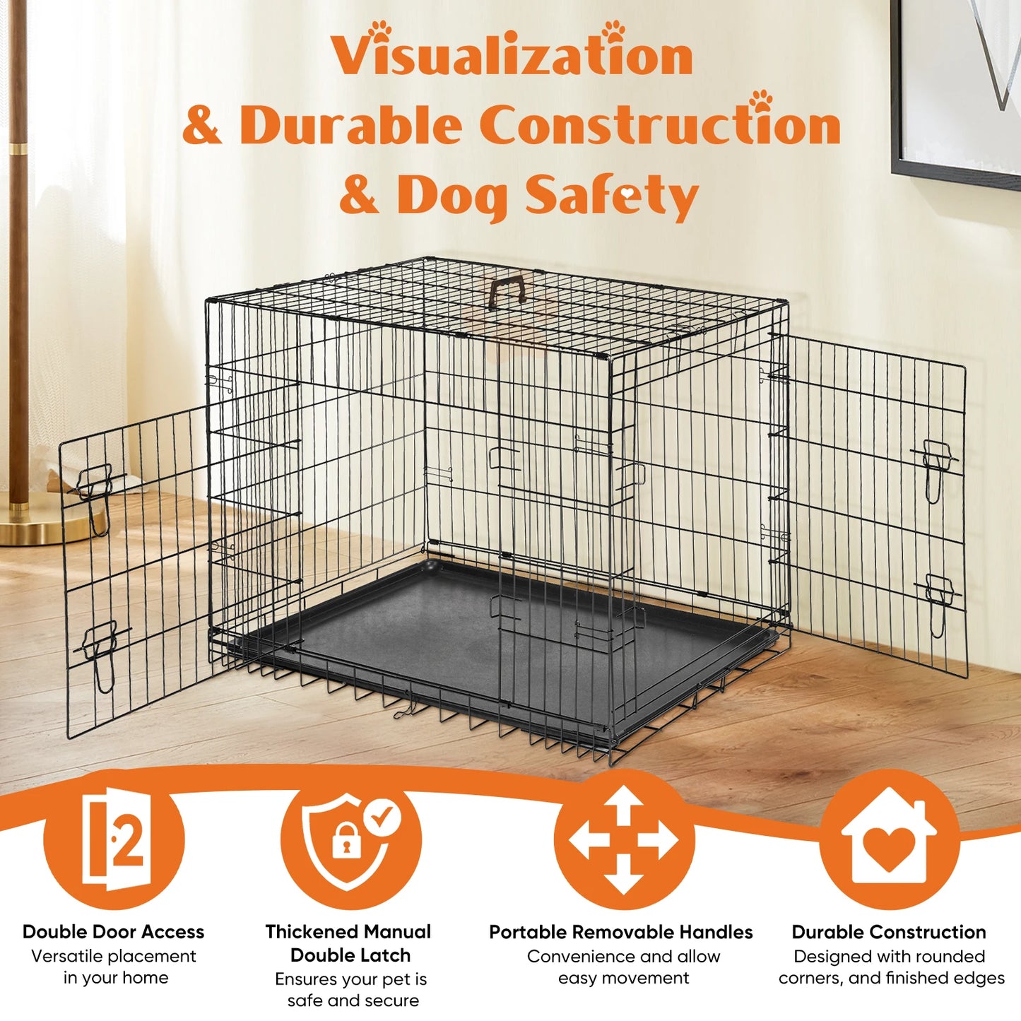 JHK Double Door Folding Metal Dog Cage With Leak Proof Pan