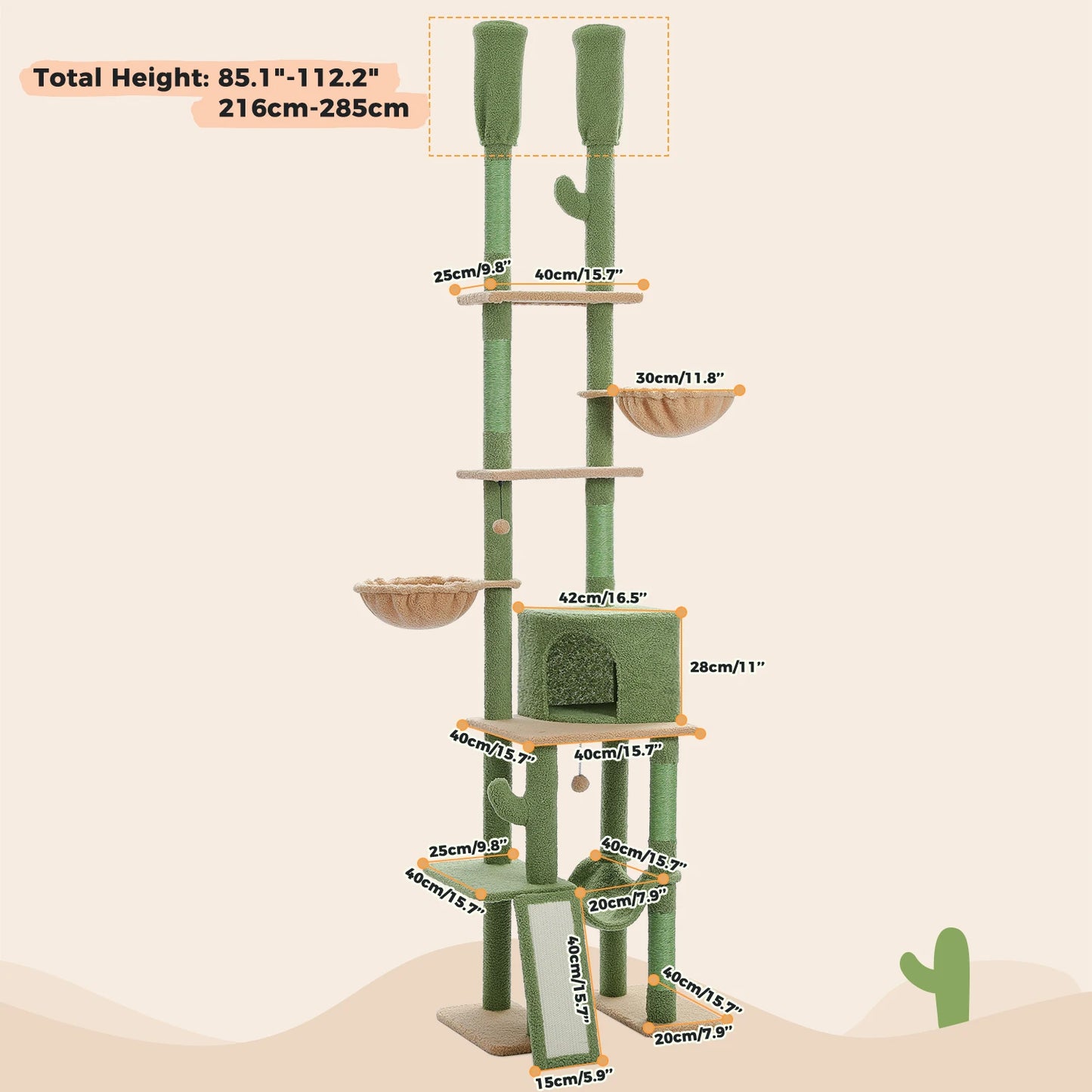 Floor to Ceiling Cat Tree with Sisal Scratching Posts Cozy Condo Hammock Adjustable Height Tall Cat Tower for Indoor Cats