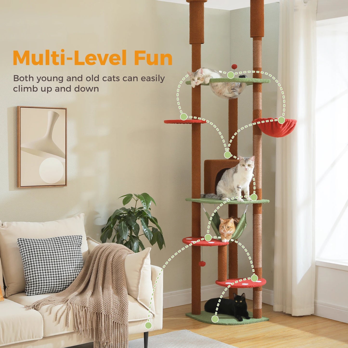 Floor to Ceiling Cat Tree with Sisal Scratching Posts Cozy Condo Hammock Adjustable Height Tall Cat Tower for Indoor Cats
