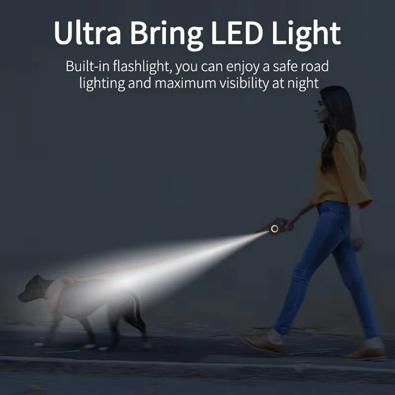 Automatic Retractable Dog Leash With LED Flashlight Durable Nylon Lead