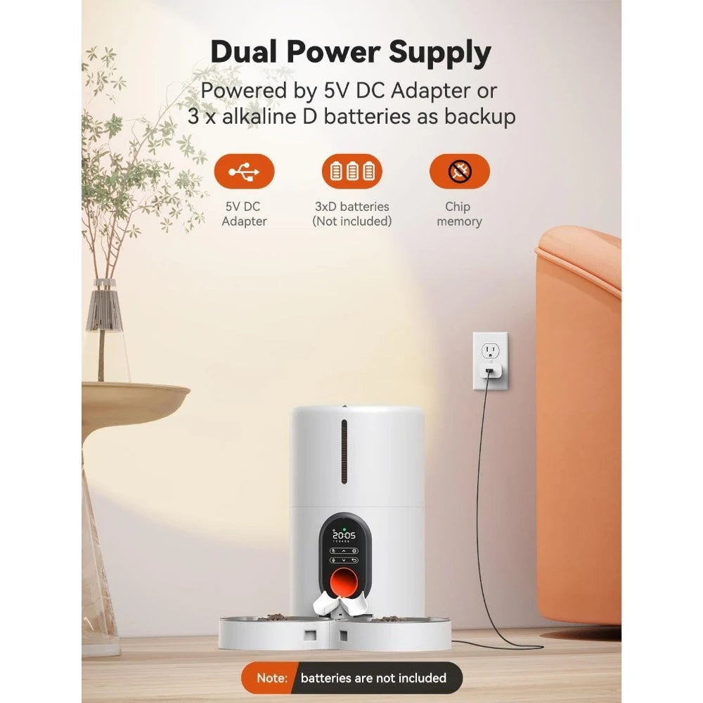 Dual Power Supply Auto Pet Feeder for Cats and Dogs Timed Cat Feeder with Stainless Steel Bowl Programmable 1 to 6 Meals Control