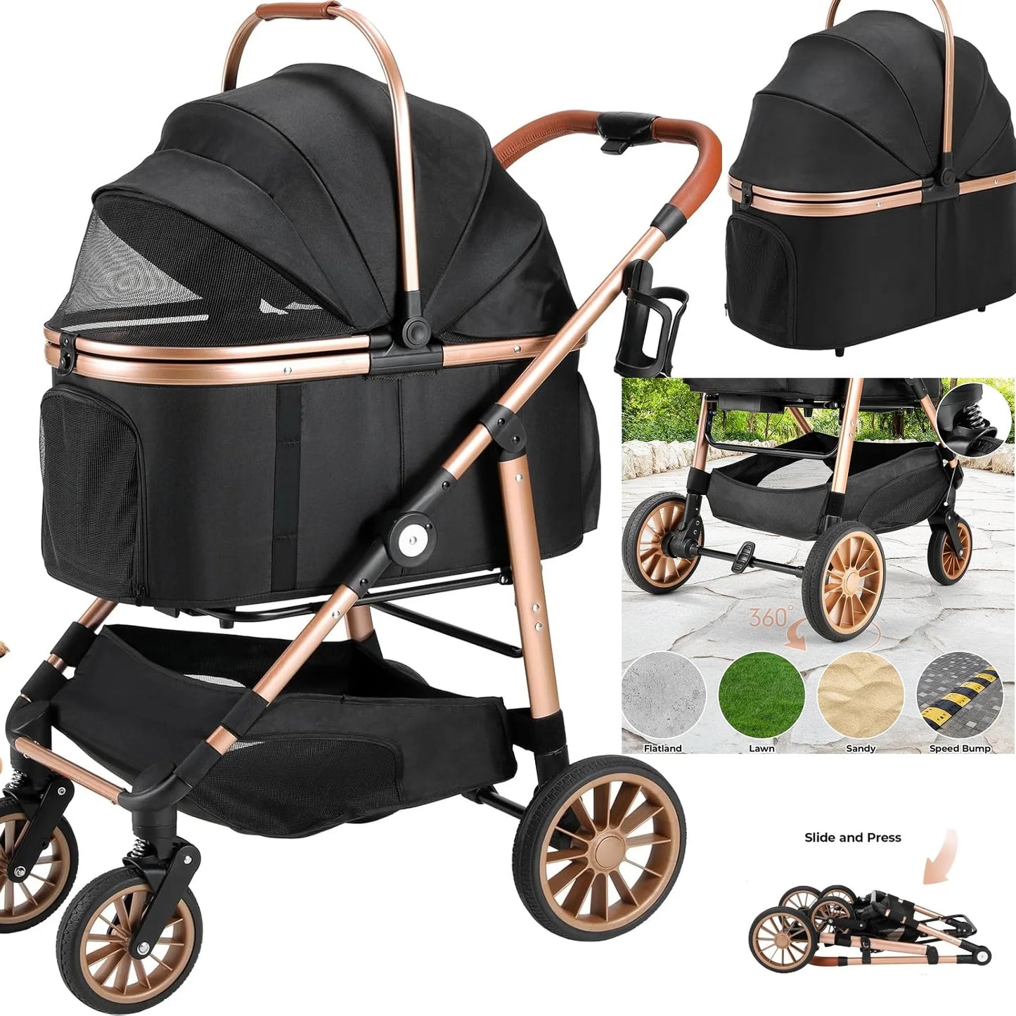 360 Degree High Wheel Foldable Cat Dog Stroller 2in1 Buggy