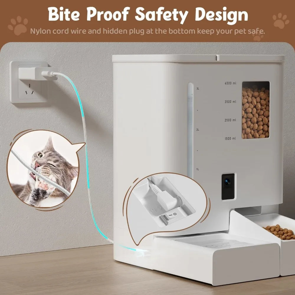 Automatic Cat Feeder with Camera 2K HD Video and Night Vision Low Food and Food Clogging App Tips Water and Grain Capacity Feeder