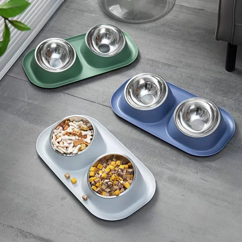 Stainless Steel Double Dog and Cat Bowl with Non-Slip Base Removable Plastic Food and Water Feeder for Puppies and Kittens
