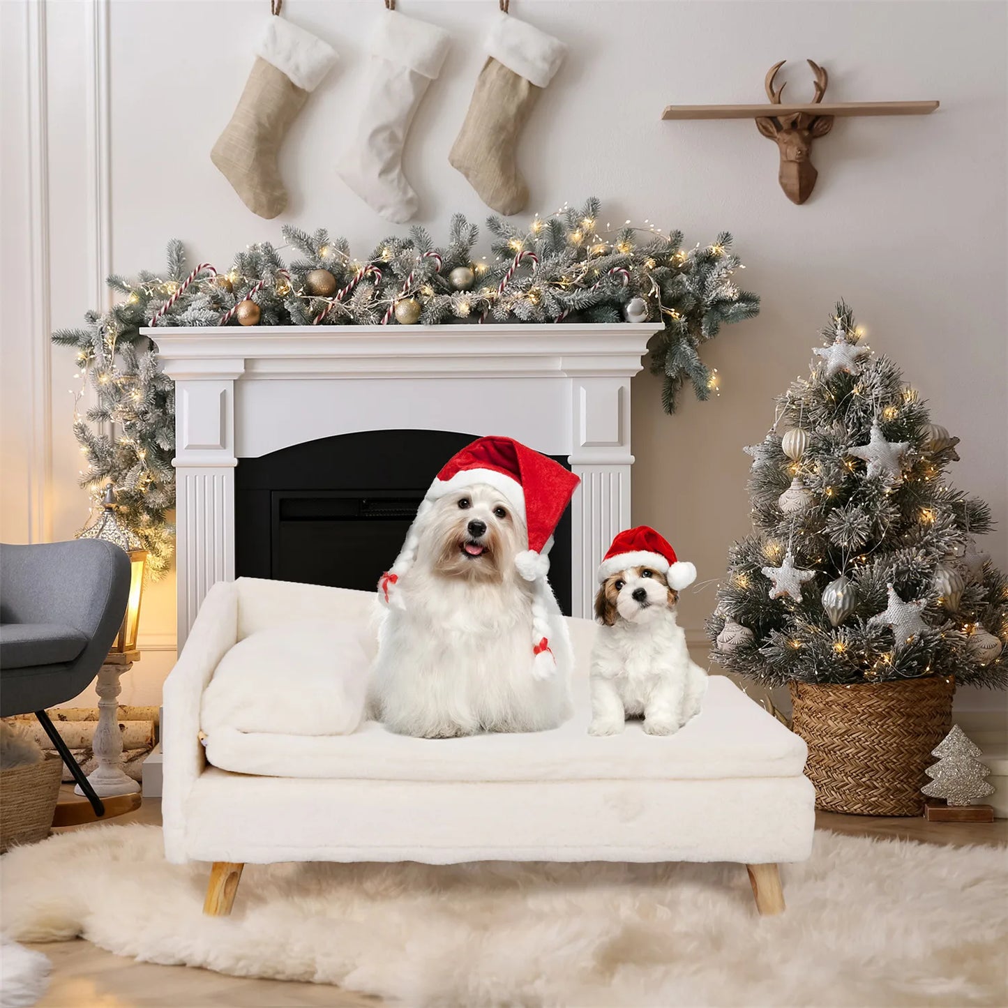Elevated Pet Bed Nordic Pet Stool Bed with Cozy Waterproof Pad Sturdy Wood Legs for Small Dogs and Kittens
