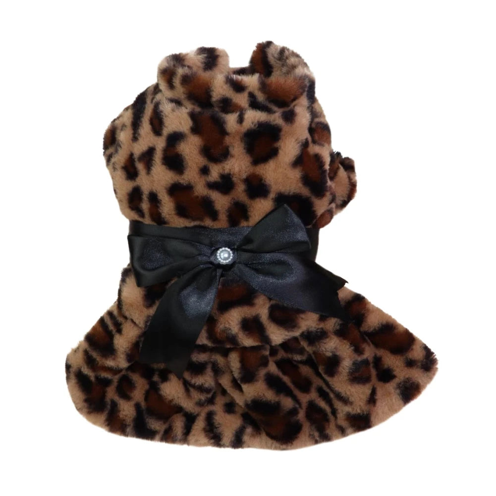 Autumn Winter Leopard Print Plush Dog Coat For Small Dogs With Bowknot