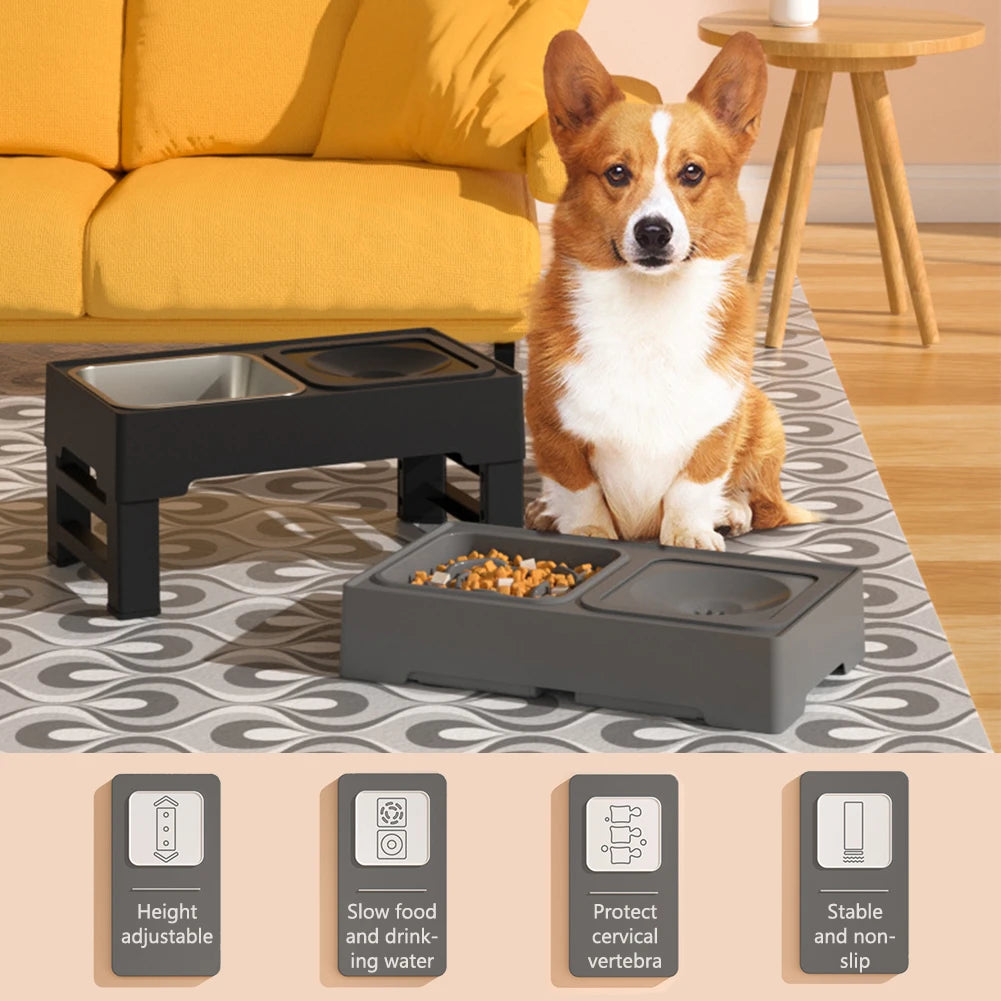 Elevated Dog Food Slow Feeder with Four Adjustable Heights Raised Dog Bowl Stand and Stainless Steel Bowls Anti Slip Dog Water Bowl