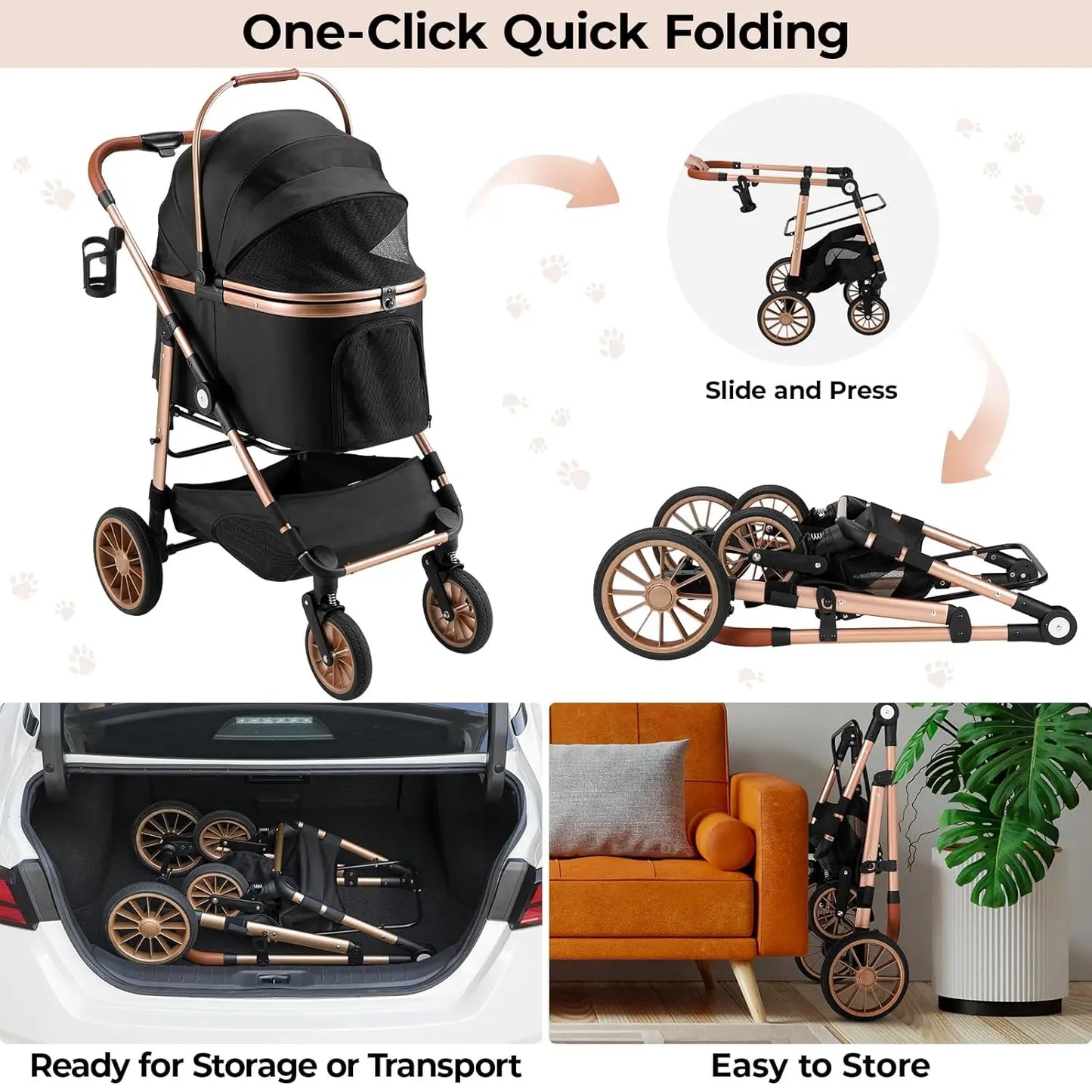 360 Degree High Wheel Foldable Cat Dog Stroller 2in1 Buggy