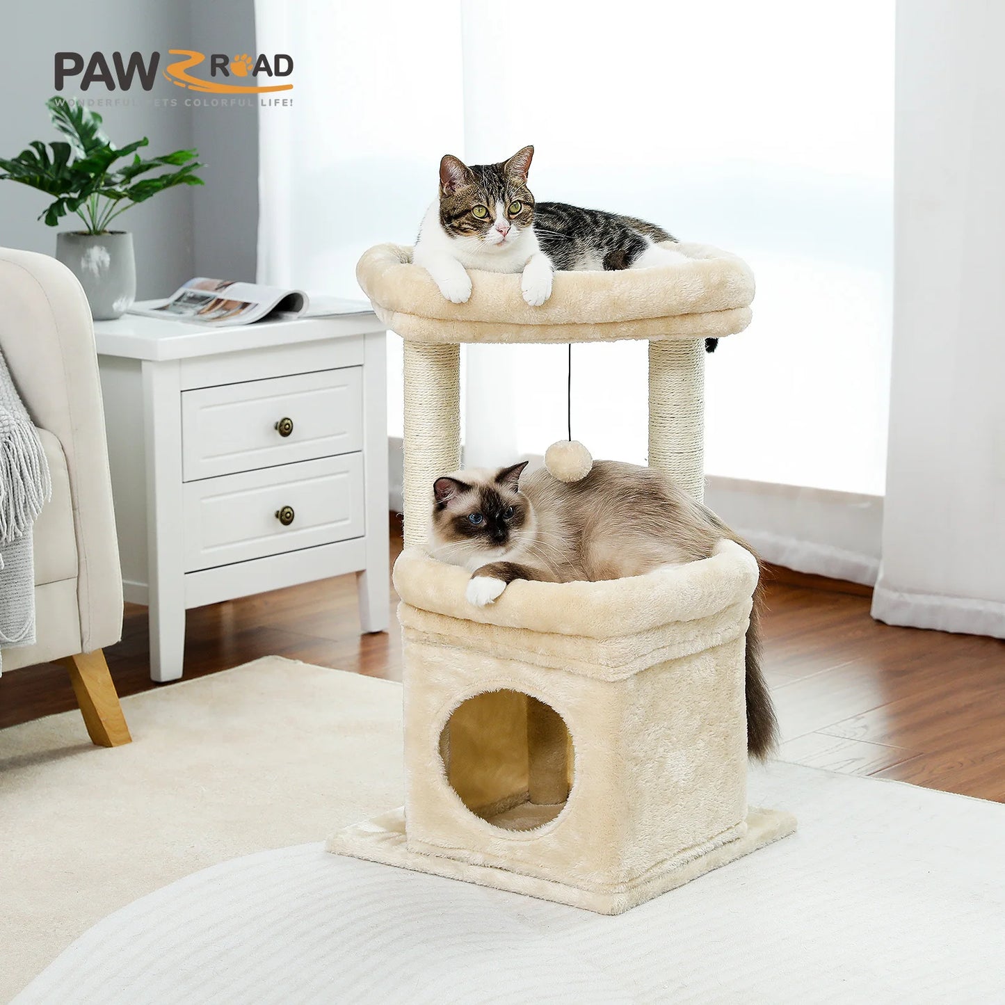 Cat Tree Cat Tower with Cozy Condo Wide Top Perch Natural Sisal Posts Soft Plush Playful Pom Pom Suitable for 1 to 2 Indoor Cats