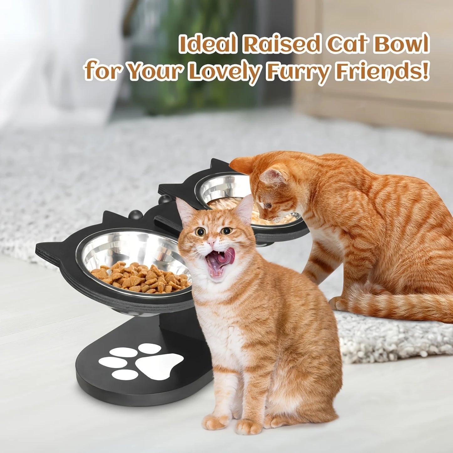Cat 3 Bowls in 1 Feeder Tilted Raised Food and Water Bowl with Stainless Steel Bowls and Wood Brackets