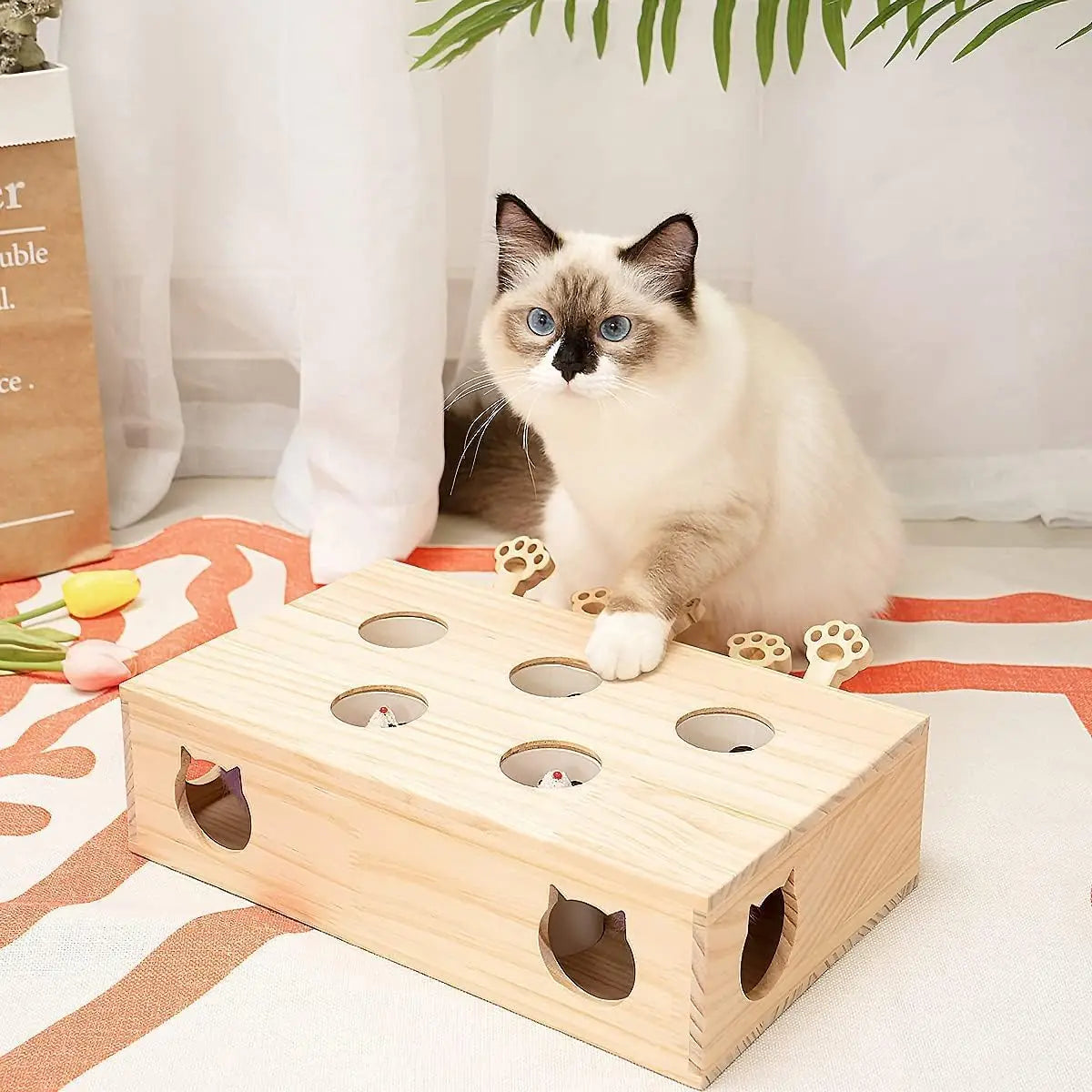 Mewoofun Interactive Whack-a-Mole Cat Toy Solid Wood Indoor Mouse Catching Game