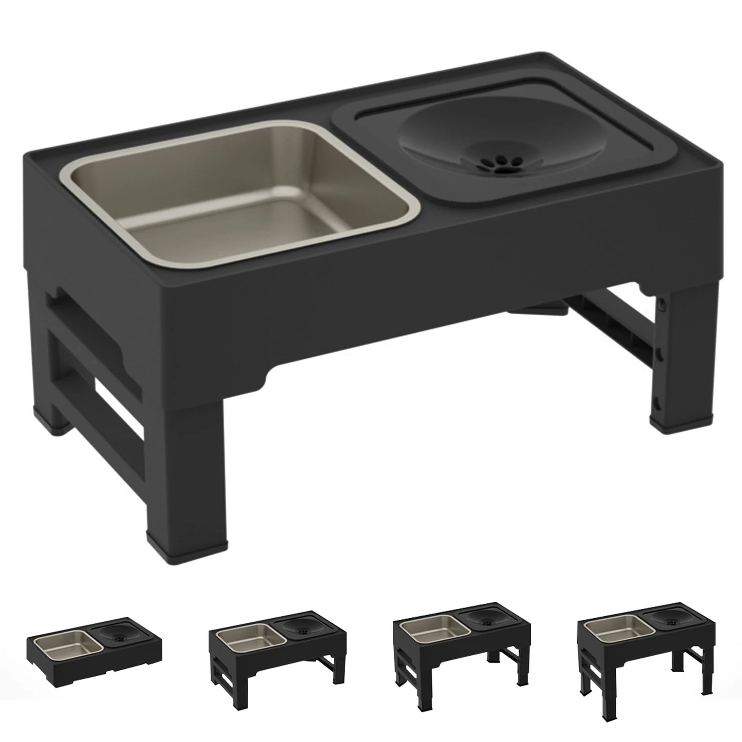 Elevated Dog Food Slow Feeder with Four Adjustable Heights Raised Dog Bowl Stand and Stainless Steel Bowls Anti Slip Dog Water Bowl