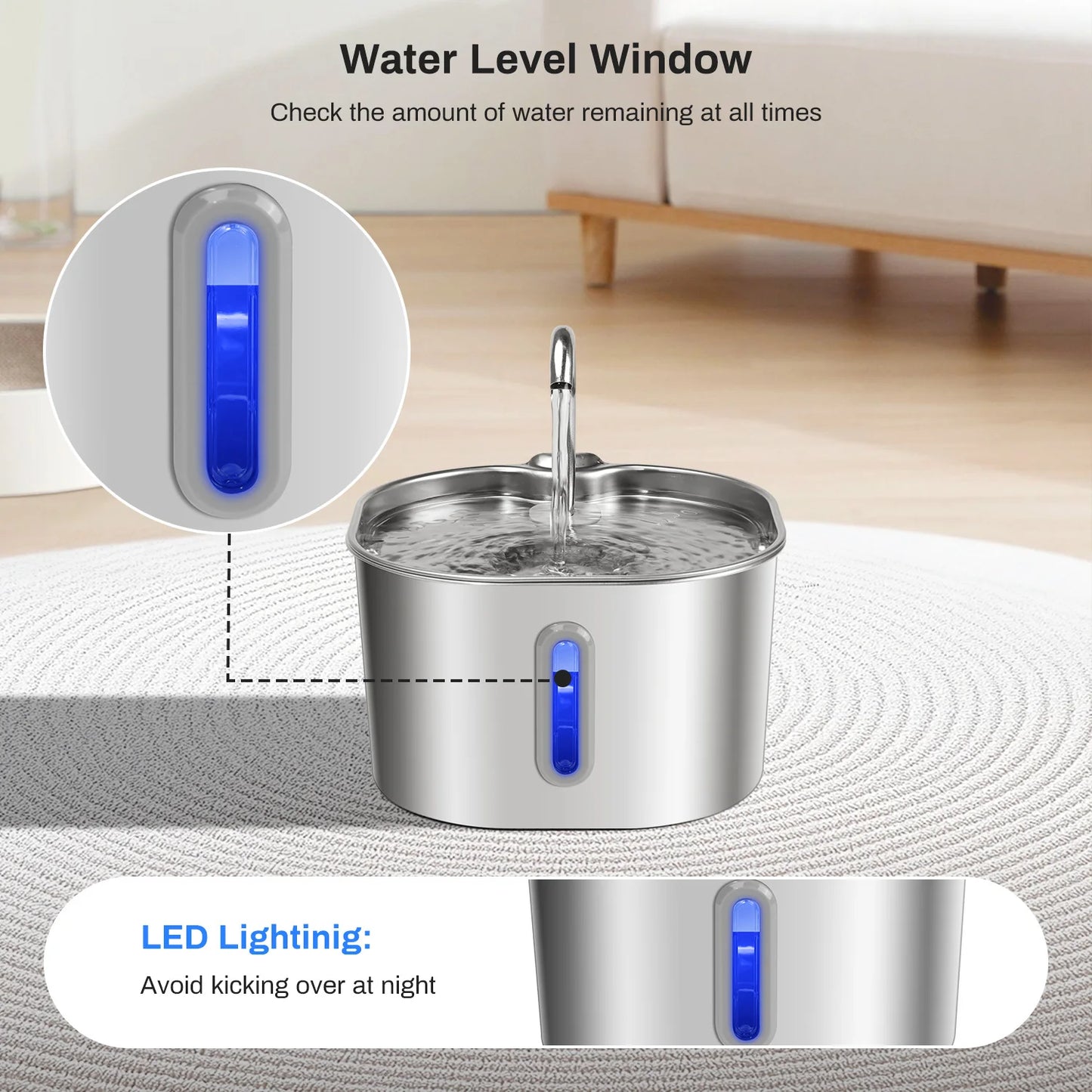 2.2L Stainless Steel Cat Water Fountain Ultra Quiet Pet Fountain with Multi Layer Filtration LED Water Level Window Large Capacity