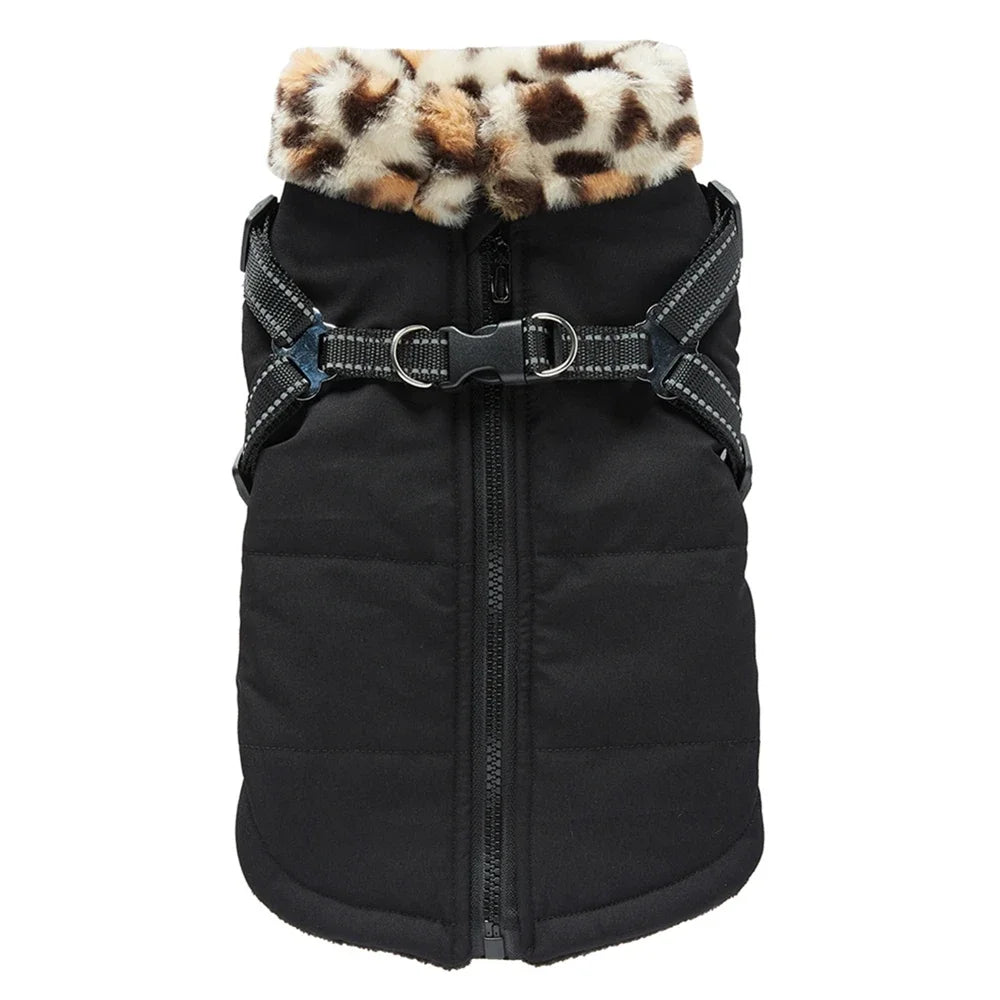 NONECN Winter Warm Dog Coat With Harness Fur Collar Outfit