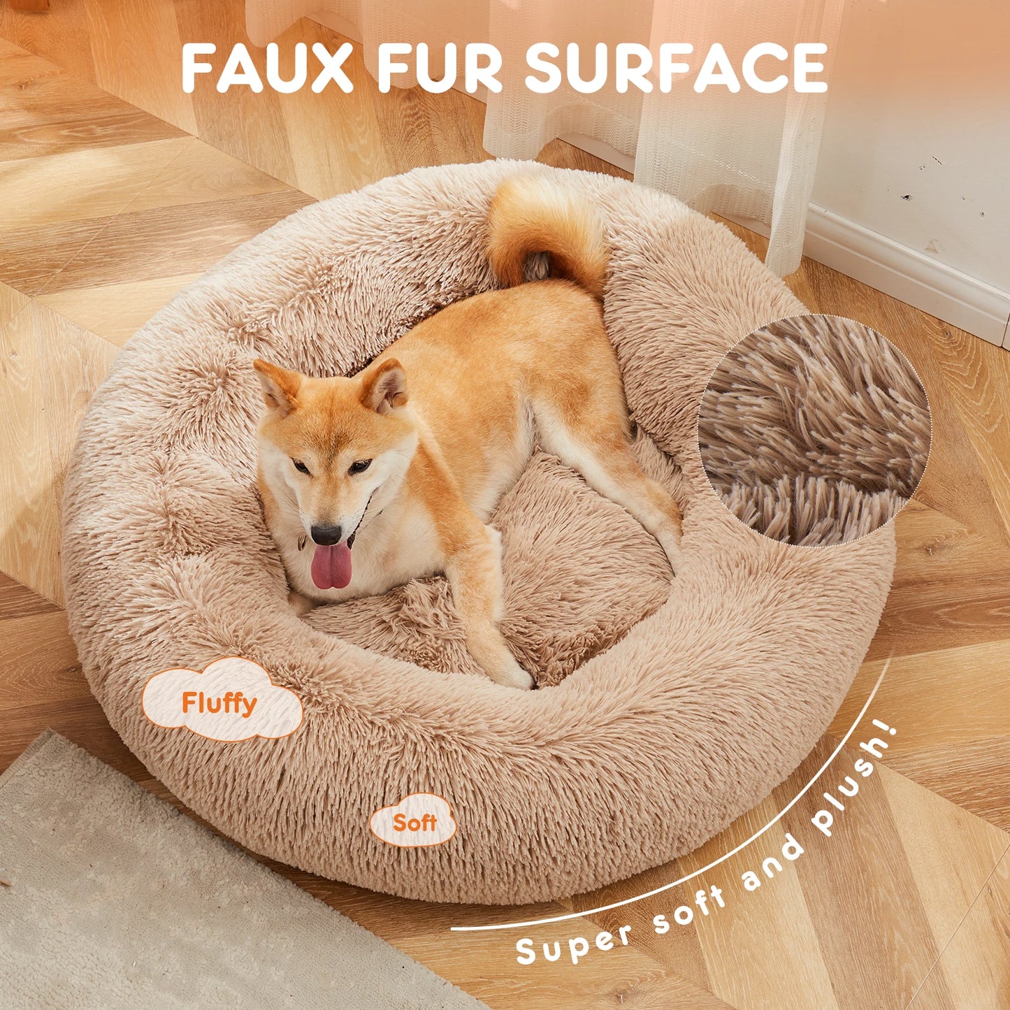 Calming Round Dog Bed For Large Dogs Washable Anti Slip Plush Faux Fur