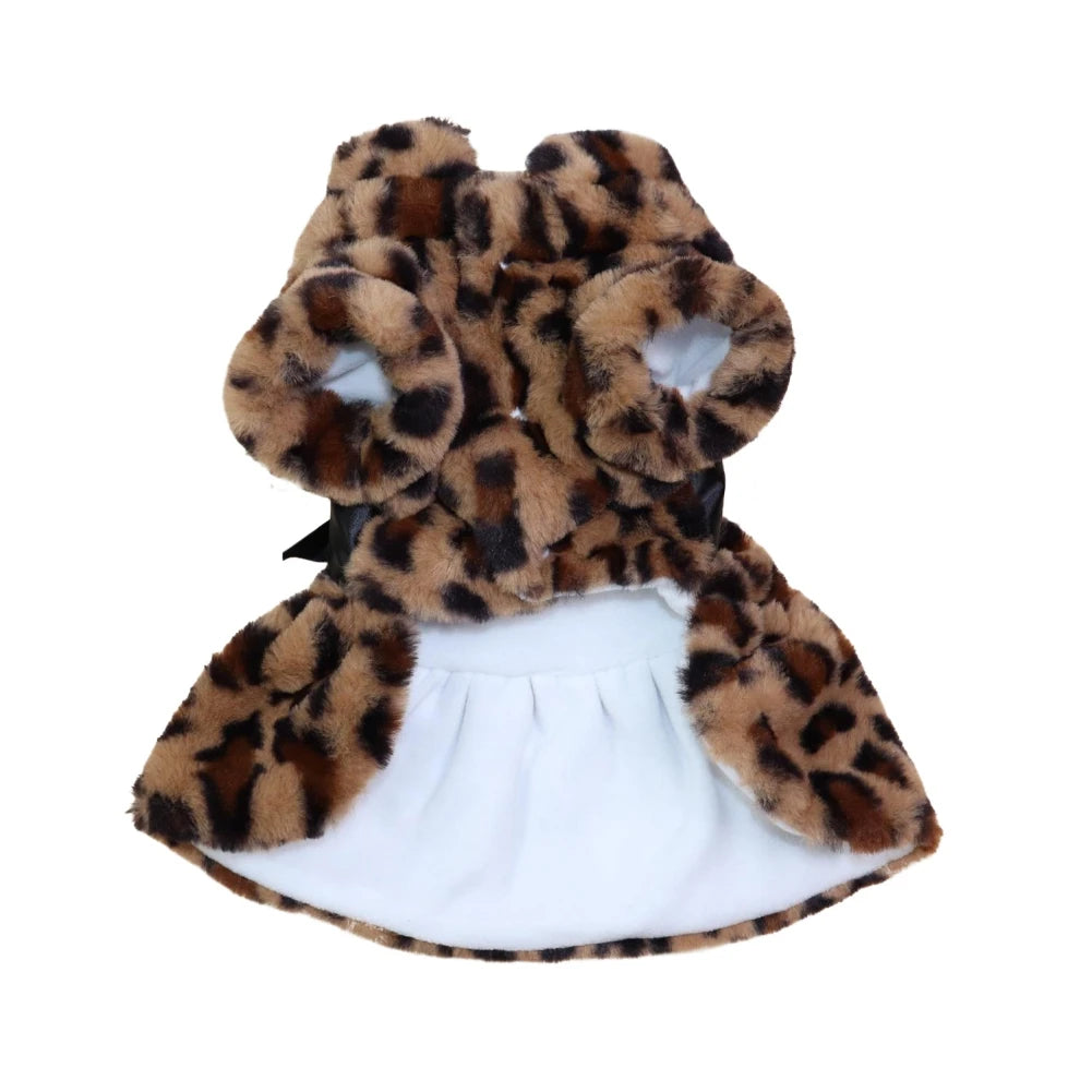 Autumn Winter Leopard Print Plush Dog Coat For Small Dogs With Bowknot