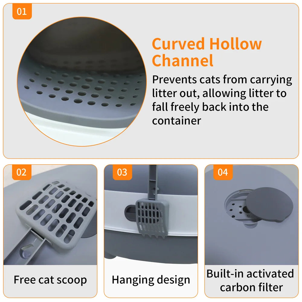 Large Enclosed Cat Litter Box with Scoop Odorless Hooded Litter Tray Deep Cat Toilet Pan Easy Clean Non Stick
