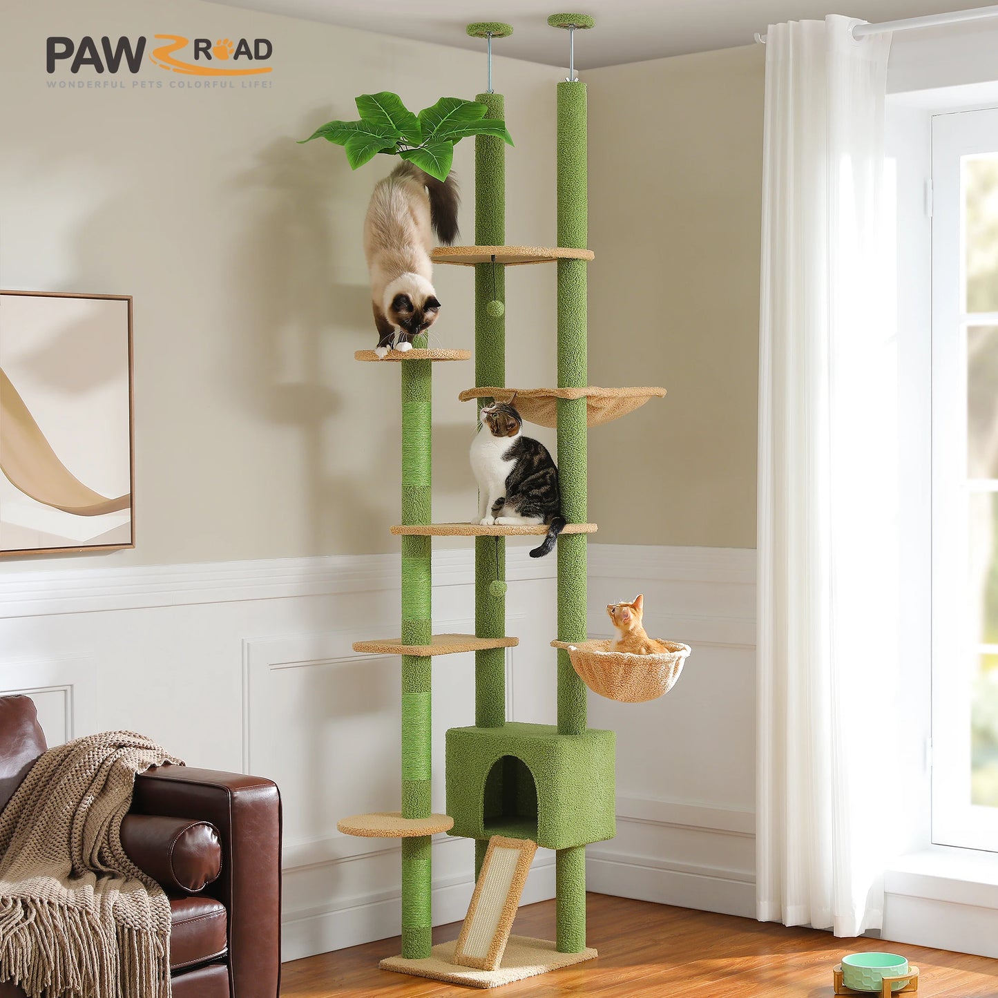 Floor to Ceiling Cat Tree with Sisal Scratching Posts Cozy Condo Hammock Adjustable Height Tall Cat Tower for Indoor Cats