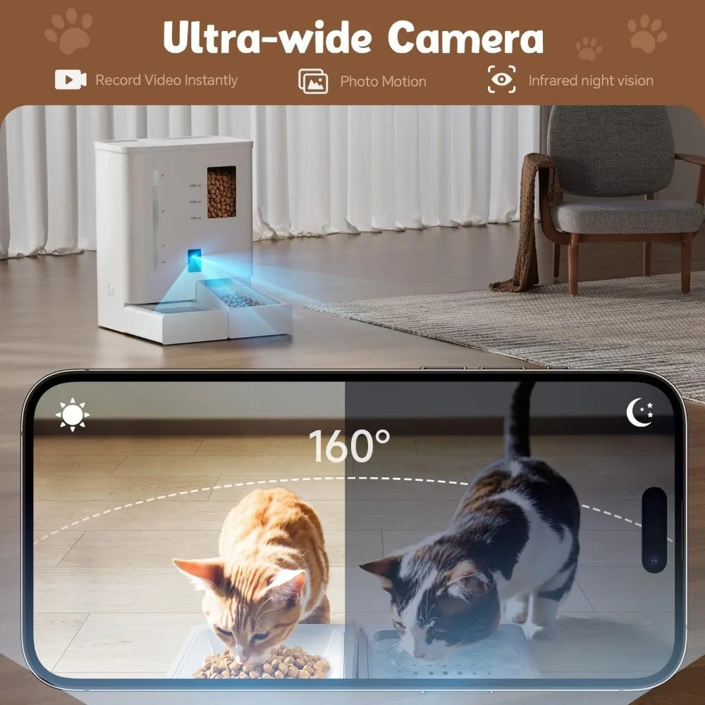 Automatic Cat Feeder with Camera 2K HD Video and Night Vision Low Food and Food Clogging App Tips Water and Grain Capacity Feeder