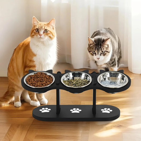 Cat 3 Bowls in 1 Feeder Tilted Raised Food and Water Bowl with Stainless Steel Bowls and Wood Brackets
