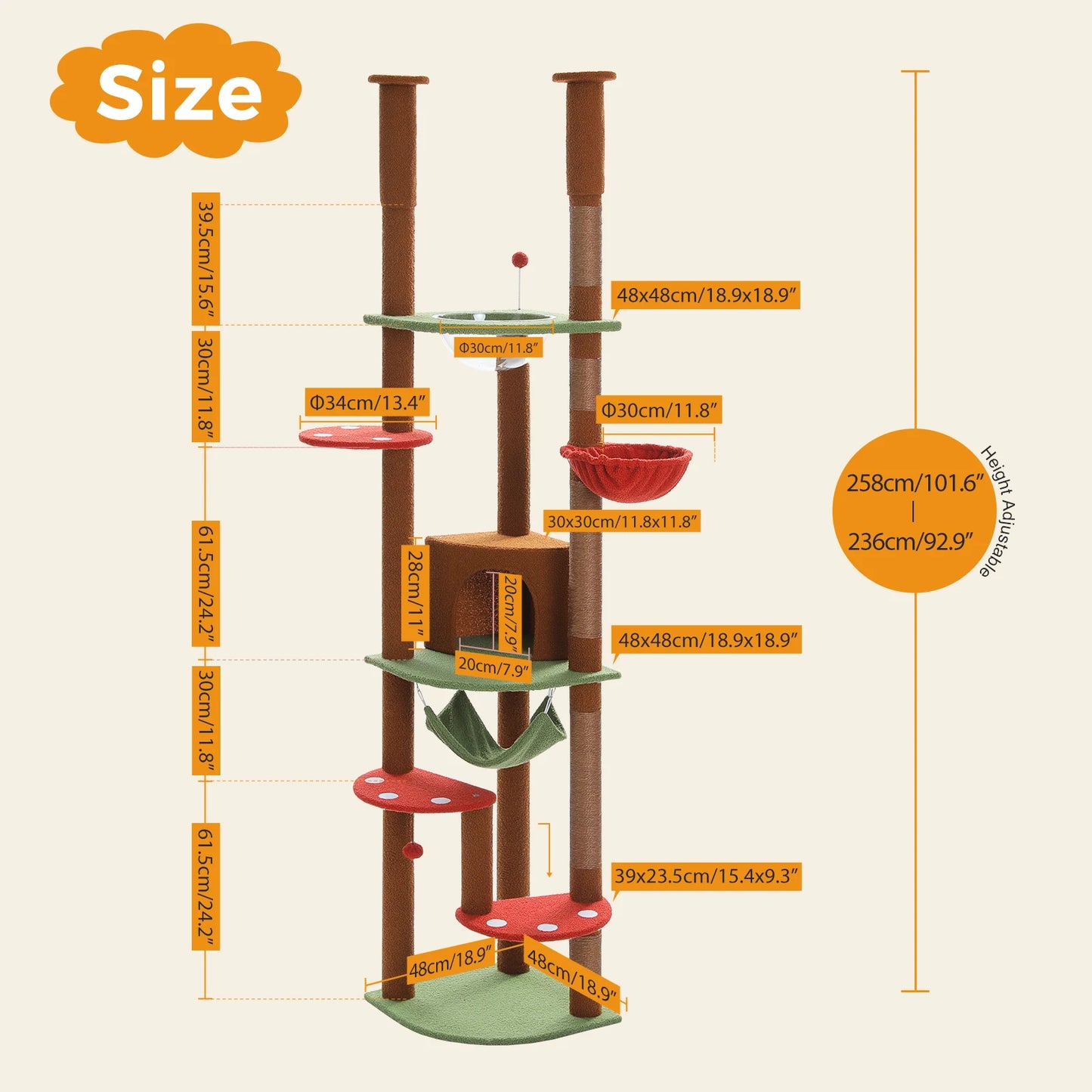 Floor to Ceiling Cat Tree with Sisal Scratching Posts Cozy Condo Hammock Adjustable Height Tall Cat Tower for Indoor Cats
