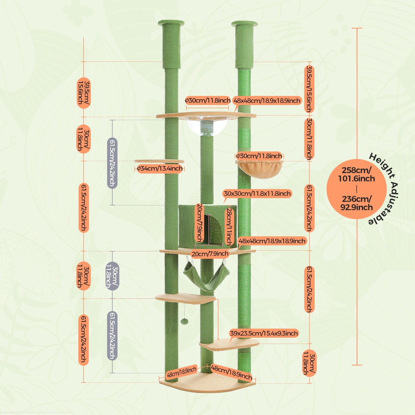 Floor to Ceiling Cat Tree with Sisal Scratching Posts Cozy Condo Hammock Adjustable Height Tall Cat Tower for Indoor Cats