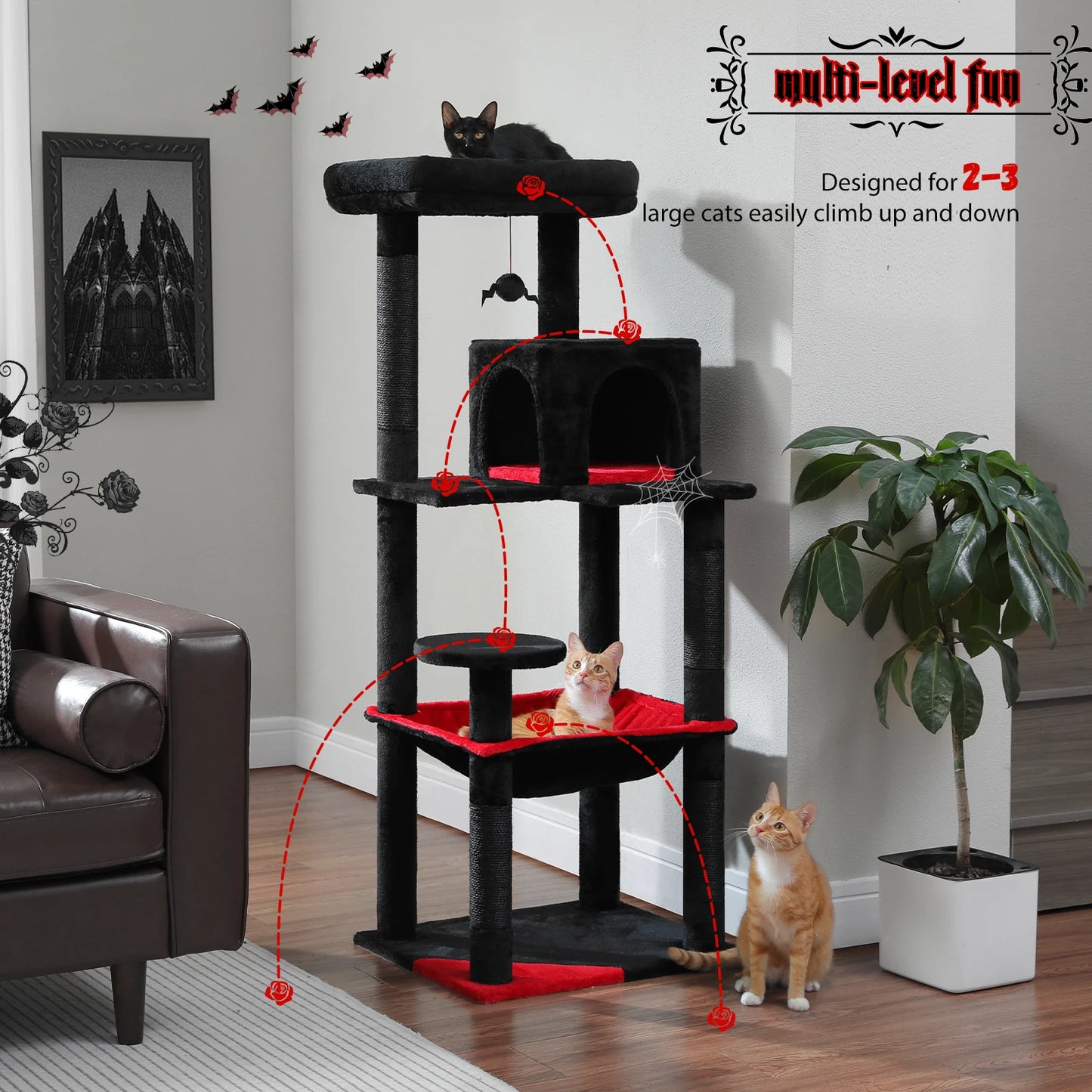 Gothic Cat Tree for Indoor Cats Tall Cat Tower with Large Hammock Sisal Covered Scratching Post Cozy Condo and Top Perch