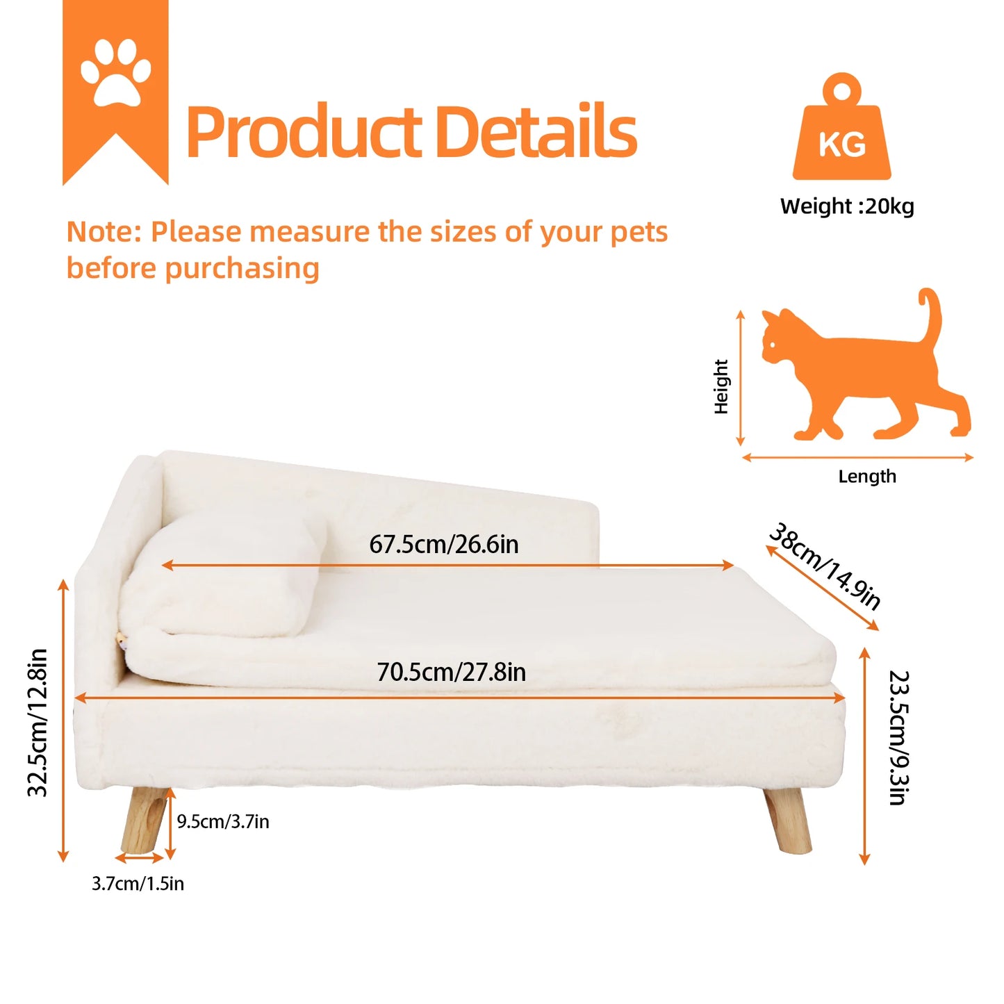 Elevated Pet Bed Nordic Pet Stool Bed with Cozy Waterproof Pad Sturdy Wood Legs for Small Dogs and Kittens
