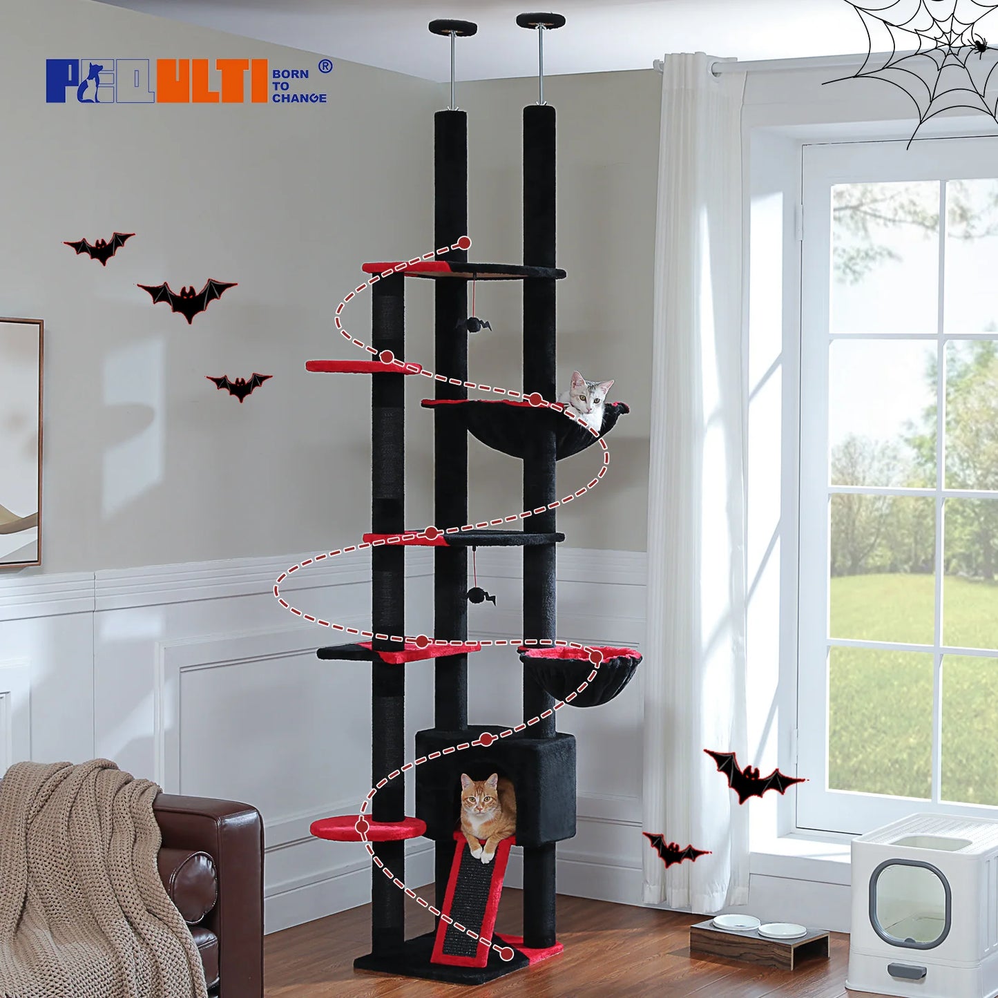 Floor to Ceiling Cat Tree with Sisal Scratching Posts Cozy Condo Hammock Adjustable Height Tall Cat Tower for Indoor Cats